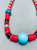 Native American Very Unique Santo Domingo Coral Turquoise Sterling Silver Necklace-Nativo Arts