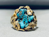 Heavy 14k Gold Vintage Native American Navajo Morenci Turquoise Ring-Nativo Arts