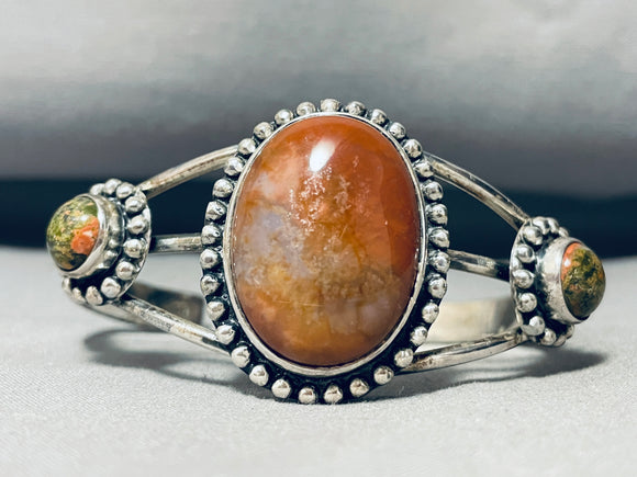 Red Rock Agate Vintage Native American Navajo Sterling Silver Bracelet Cuff-Nativo Arts