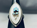 Cute Vintage Native American Zuni Turquoise Flower Sterling Silver Ring Old-Nativo Arts