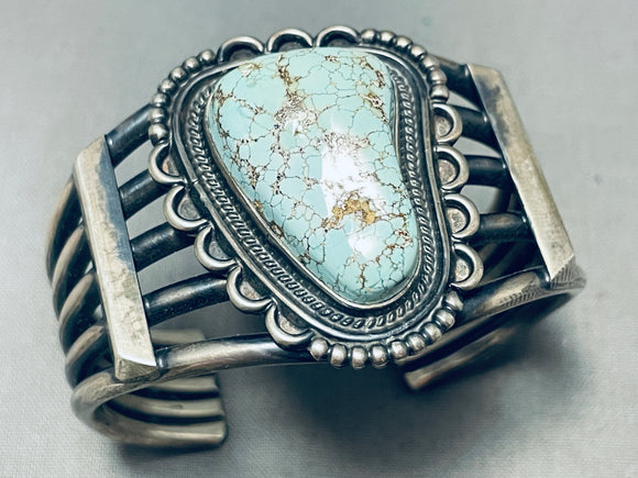 Extraordinary Signed Vintage Native American Navajo #8 Turquoise Mine Sterling Silver Bracelet-Nativo Arts