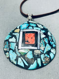 Magnificent Vintage Native American Navajo Inlaid Shell Sterling Silver Pendant Necklace-Nativo Arts