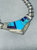 Ray Tracey Vintage Native American Navajo Turquoise Inlay Sterling Silver Necklace-Nativo Arts