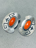 Tremendous Vintage Native American Navajo Coral Sterling Silver Earrings Signed-Nativo Arts