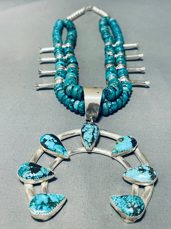 Authentic Native American Navajo Spiderweb Turquoise Sterling Silver Squash Blossom Necklace-Nativo Arts