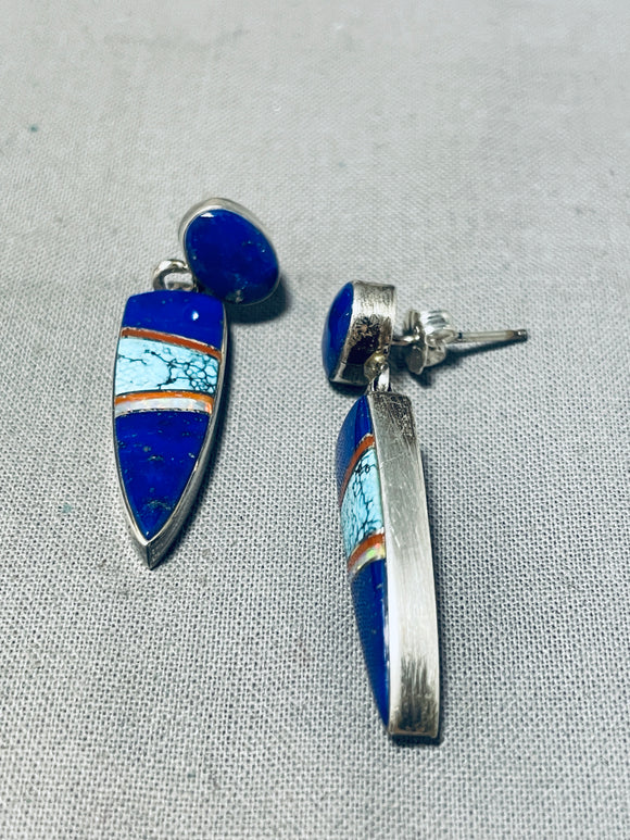 Brilliant Vintage Native American Navajo Inlay Turquoise Lapis Opal Coral Silver Earrings-Nativo Arts