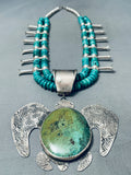 183 Grams Native American Navajo Tortoise Turquoise Sterling Silver Squash Blossom Necklace
