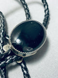 Native American Simply Vintage Navajo Domed Jet Sterling Silver Bolo Tie Old