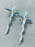 Long Cross Vintage Native American Zuni Needle Turquoise Sterling Silver Earrings-Nativo Arts