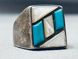 Thicker Vintage Navajo Turquoise Pearl Inlay Sterling Silver Ring-Nativo Arts