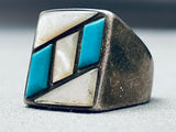 Thicker Vintage Navajo Turquoise Pearl Inlay Sterling Silver Ring-Nativo Arts