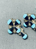 Cross Inlay Vintage Native American Zuni Turquoise Jet Sterling Silver Earrings Old-Nativo Arts