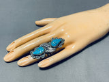 Best Vintage Navajo Hand Carved Leaf Turquoise Sterling Silver Ring Old-Nativo Arts