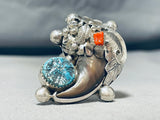 Huge Native American Navajo Turquoise Coral Sterling Silver Bear Ring-Nativo Arts