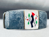 Intricate Inlay Vintage Southwest Bird Sterling Silver Bracelet Cuff