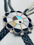 Tom Henry Vintage Native American Navajo Turquoise Pearl Inlay Sterling Silver Bolo Tie