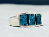 Rare Vintage Native American Navajo Turquoise Jet Sterling Silver Ring-Nativo Arts