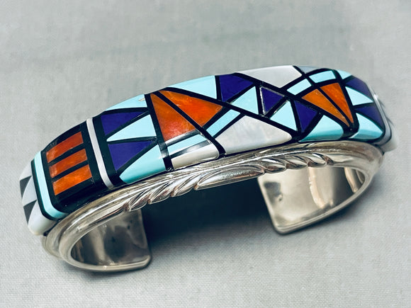 6.5 Inch Wrist Vintage Native American Navajo Turquoise Inlay Sterling Silver Bracelet-Nativo Arts