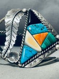 Jaw Dropping Fab Vintage Native American Navajo Turquoise Inlay Sterling Silver Leaf Bracelet-Nativo Arts