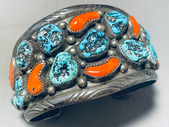 Heavy 95 Gram Vintage Native American Navajo Turquoise Coral Sterling Silver Bracelet-Nativo Arts