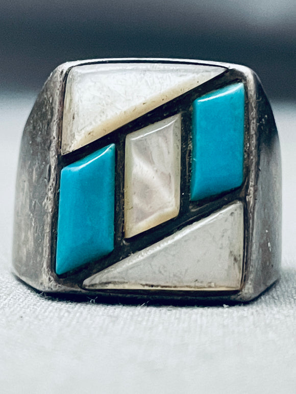 Thicker Vintage Navajo Turquoise Pearl Inlay Sterling Silver Ring-Nativo Arts