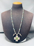 Divine Native American Navajo Jade Sterling Silver Feathers Large Cross Necklace-Nativo Arts