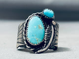 Heavy Thick Vintage Native American Navajo Easter Blue Turquoise Sterling Silver Leaf Ring