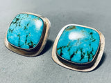 Striking Native American Navajo Pilot Mountain Turquoise Sterling Silver Earrings Signed-Nativo Arts