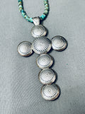 Huge Button Sterling Silver Vintage Native American Navajo Turquoise Cross Necklace-Nativo Arts