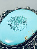 Hand Carved Indian Head Vintage Native American Navajo Turquoise Sterling Silver Bracelet-Nativo Arts
