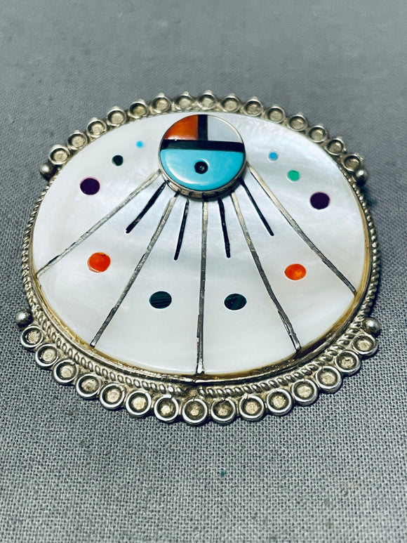 Signed Vintage Native American Zuni Turquoise Coral Jet Sterling Silver Sunface Pin/pendant-Nativo Arts