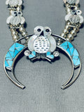 Snow Owl Vintage Native American Zuni Turquoise Inlay Sterling Silver Squash Blossom Necklace-Nativo Arts