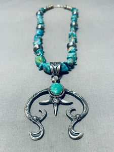 One Of The Best Native American Navajo Old Kingman Turquoise Sterling Silver Necklace-Nativo Arts