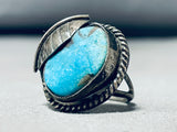 Irresistable Vintage Native American Navajo Blue Gem Turquoise Sterling Silver Leaf Ring-Nativo Arts