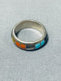 Impressive Vintage Native American Zuni Signed Inlay Turquoise Coral Jet Sterling Silver Ring-Nativo Arts