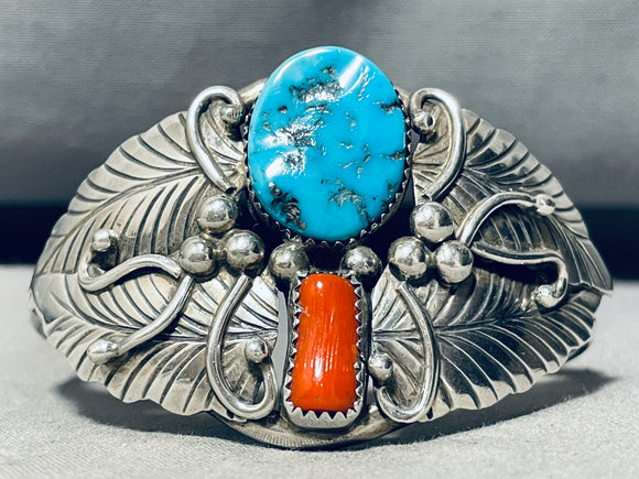 Mega Leaves! Vintage Native American Navajo Turquoise Coral Sterling Silver Bracelet-Nativo Arts