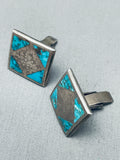 Early 1900s Vintage Native American Navajo Turquoise Sterling Silver Cufflinks-Nativo Arts