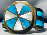 Wagonwheel Inlay!! Vintage Native American Navajo Turquoise Sterling Silver Bracelet-Nativo Arts