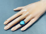 Detailed Vintage Native American Navajo Leaf Sleeping Beauty Turquoise Sterling Silver Ring