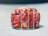 One Of The Best Vintage Native American Navajo Spiny Oyster Inlay Sterling Silver Ring-Nativo Arts