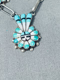 Detailed Vintage Zuni Turquoise Sun God Inlay Sterling Silver Necklace-Nativo Arts