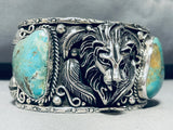 Lions Head!! 137 Grams Vintage Turquoise Sterling Silver Bracelet Cuff-Nativo Arts