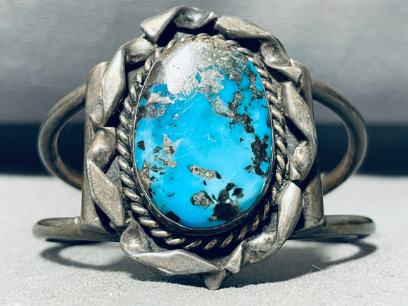 Twisted Coil Bezel!! Vintage Native American Navajo Morenci Turquoise Sterling Silver Bracelet-Nativo Arts