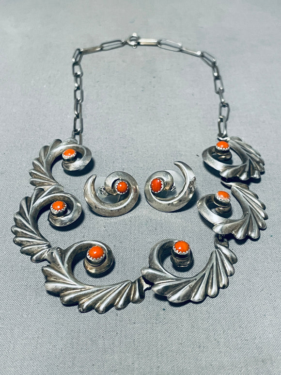 Exquisite Vintage Native American Navajo Coral Sterling Silver Necklace And Earring Set-Nativo Arts