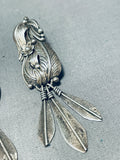 Exquisite Vintage Native American Navajo Sterling Silver Feathers Leaves Pendant Earrings-Nativo Arts