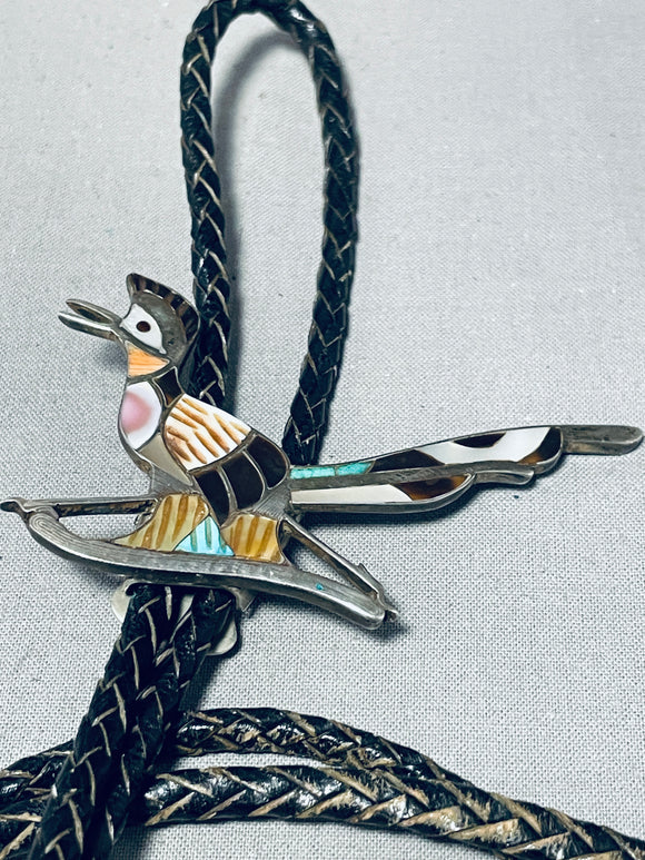 One Of A Kind Vintage Native American Zuni Turquoise Sterling Silver Roadrunner Bolo Tie-Nativo Arts