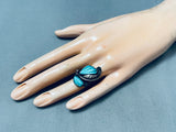 Hand-carved Leaf Turquoise Vintage Native American Navajo Sterling Silver Leaf Ring. Old-Nativo Arts