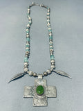 Divine Native American Navajo Jade Sterling Silver Feathers Large Cross Necklace-Nativo Arts