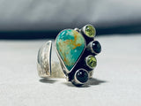 Breathtaking Native American Navajo Signed Damale Turquoise Peridot Garnet Silver Ring-Nativo Arts