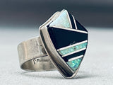 Shield Of Opal Jet Vintage Native American Navajo Sterling Silver Inlay Ring-Nativo Arts